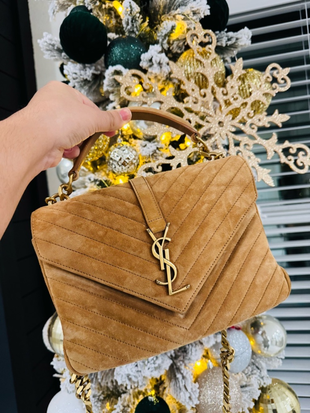 Yves Saint Laurent Tan Suede Quilted Chain Satchel with Gold Hardware - Picture 7 of 9